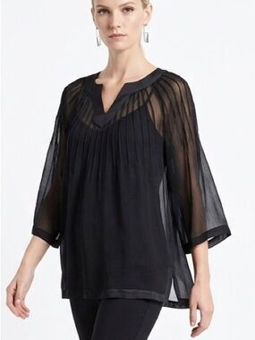 Nicole Miller Pleated Blouse top LARGE Black 3/4 Wide Sleeve V Neck NWOT
